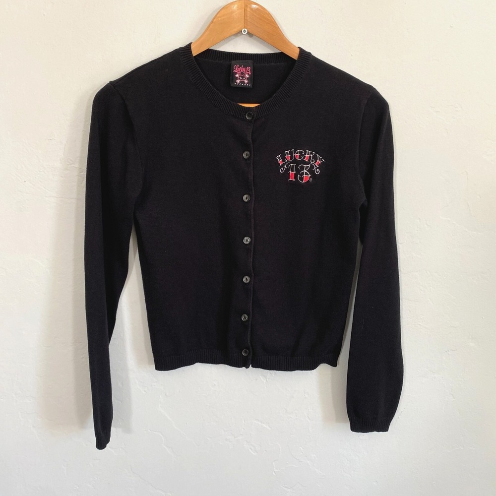 Lucky 13 Cardigan Women Sz Medium Black Burlesque Pin Up Girls Heartbreaker Y2K - Picture 2 of 11